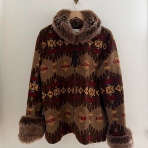 Tasha Polizzi Vintage Saddle Blanket Coat Faux Fur Collar Cuffs XL  Southwest